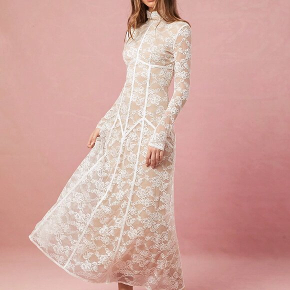 White Elegant Women's Sweet Floral Lace Sexy Dress - Picture 5 of 7